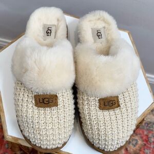UGG Beige Knit Slippers with Plush Lining